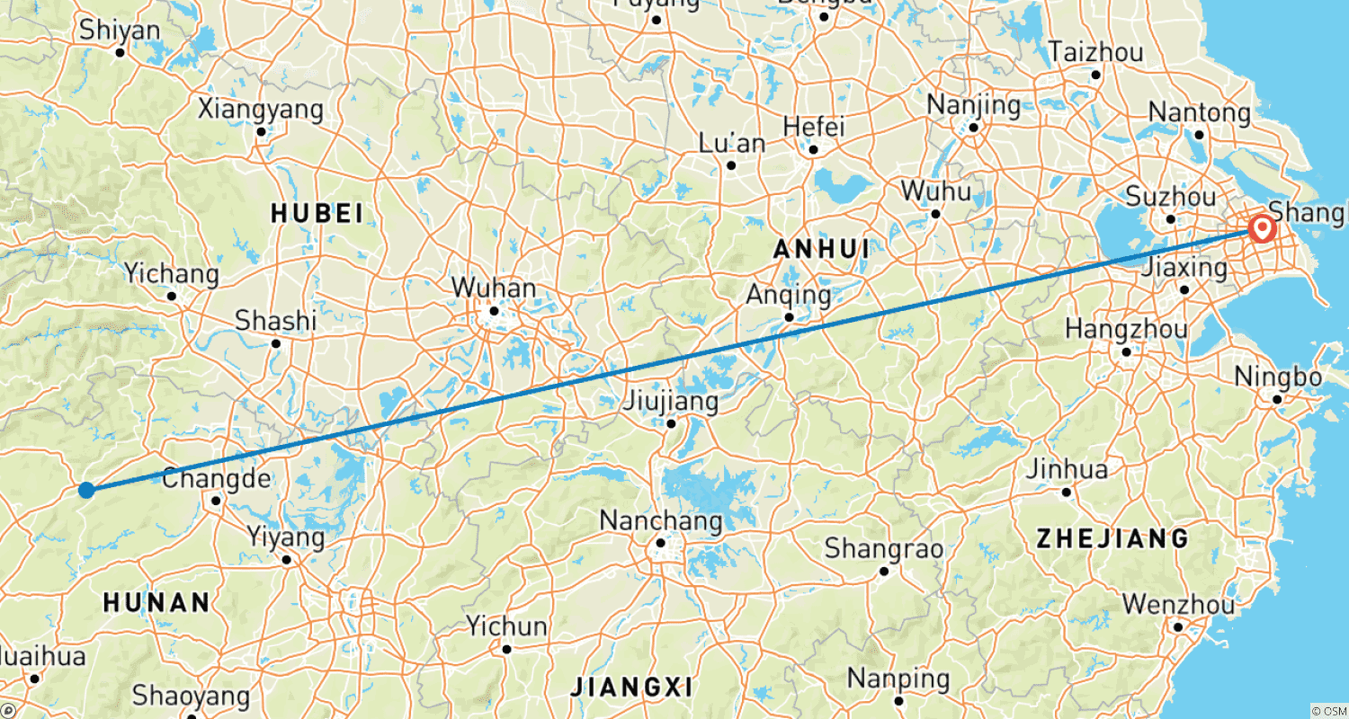 Mapa do percurso de Excursão de 3 Dias a Zhangjiajie saindo de Xangai com Voo de Ida e Volta