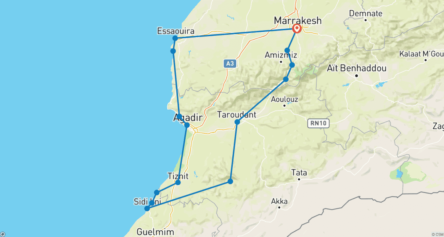 Mapa trasy: 10 dni poza najlepszymi ukrytymi cudami Maroka z Marrakeszu