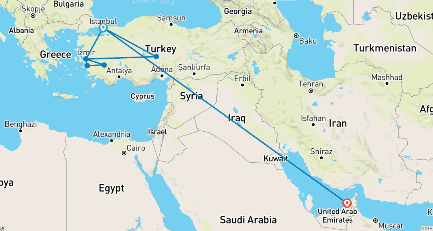 Mapa do percurso de Viagem de Luxo de 12 Dias de Istambul a Dubai