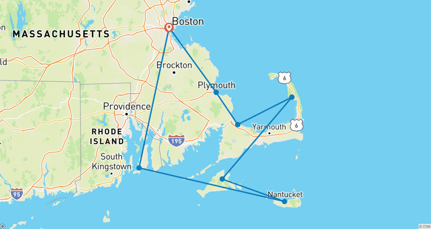 Mapa do percurso de Boston, Cape Cod e as Ilhas (Clássico, 8 Dias, Transfer do Aeroporto de Boston e Hotel Pós-Viagem)