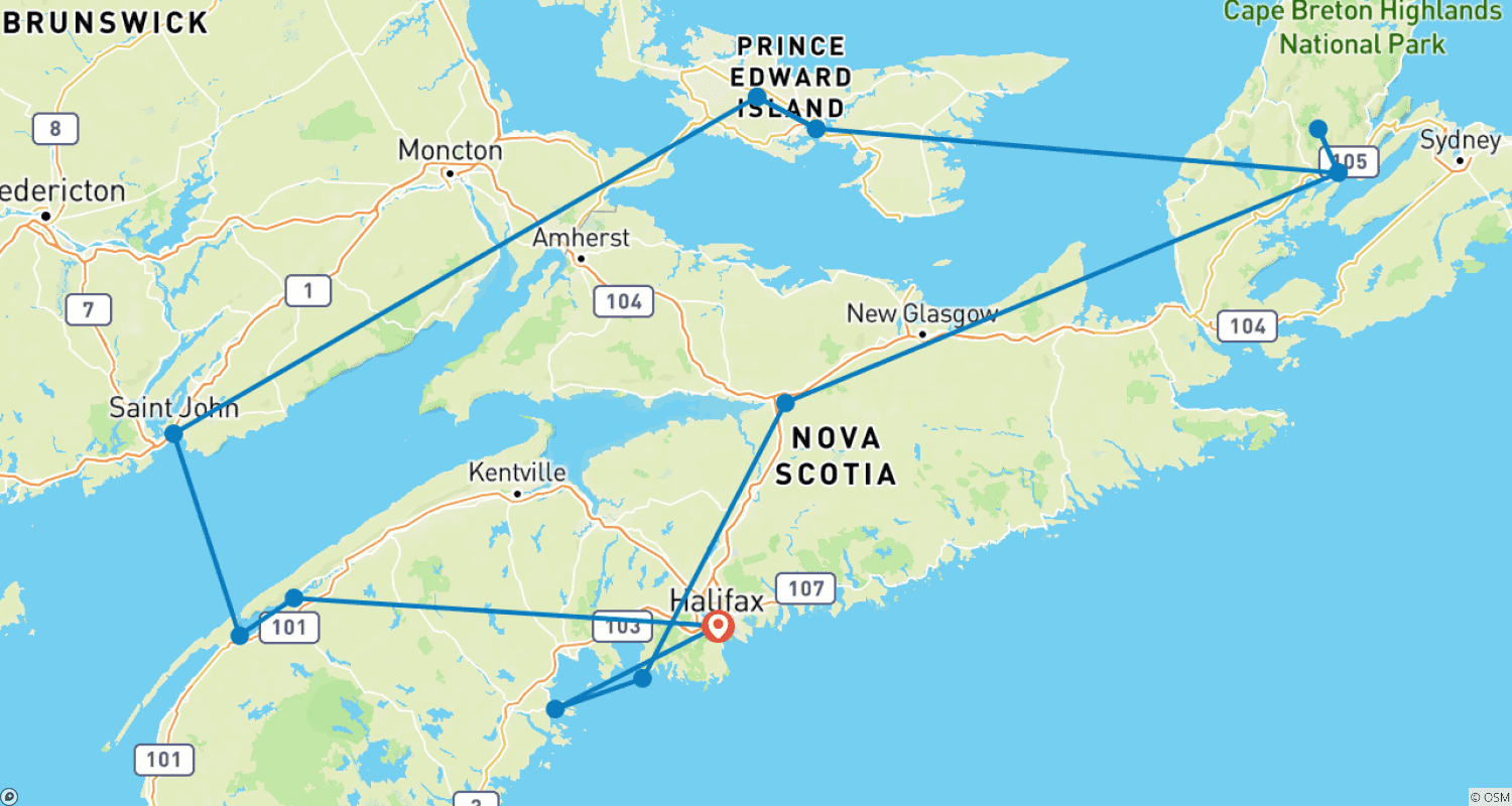 Mapa do percurso de Paisagens das Marítimas Canadenses (Clássico, 12 Dias, Transfer do Aeroporto de Halifax e Hotel Pós-Viagem)