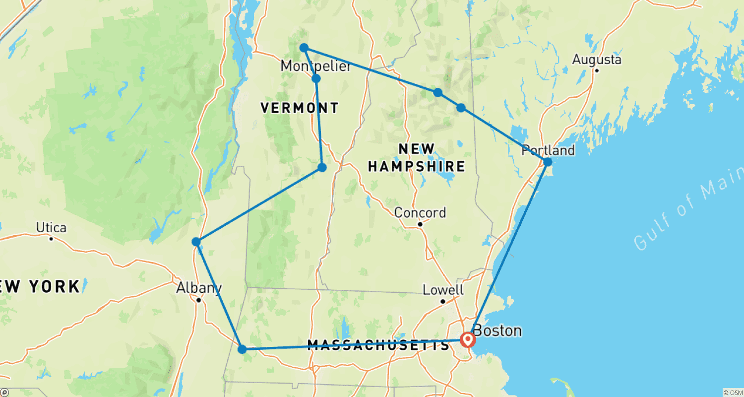 Mapa trasy: Jesienne Barwy Nowej Anglii (Małe Grupy, 8 Dni, Transfer z Lotniska w Bostonie i Transfer do Hotelu po Wycieczce)