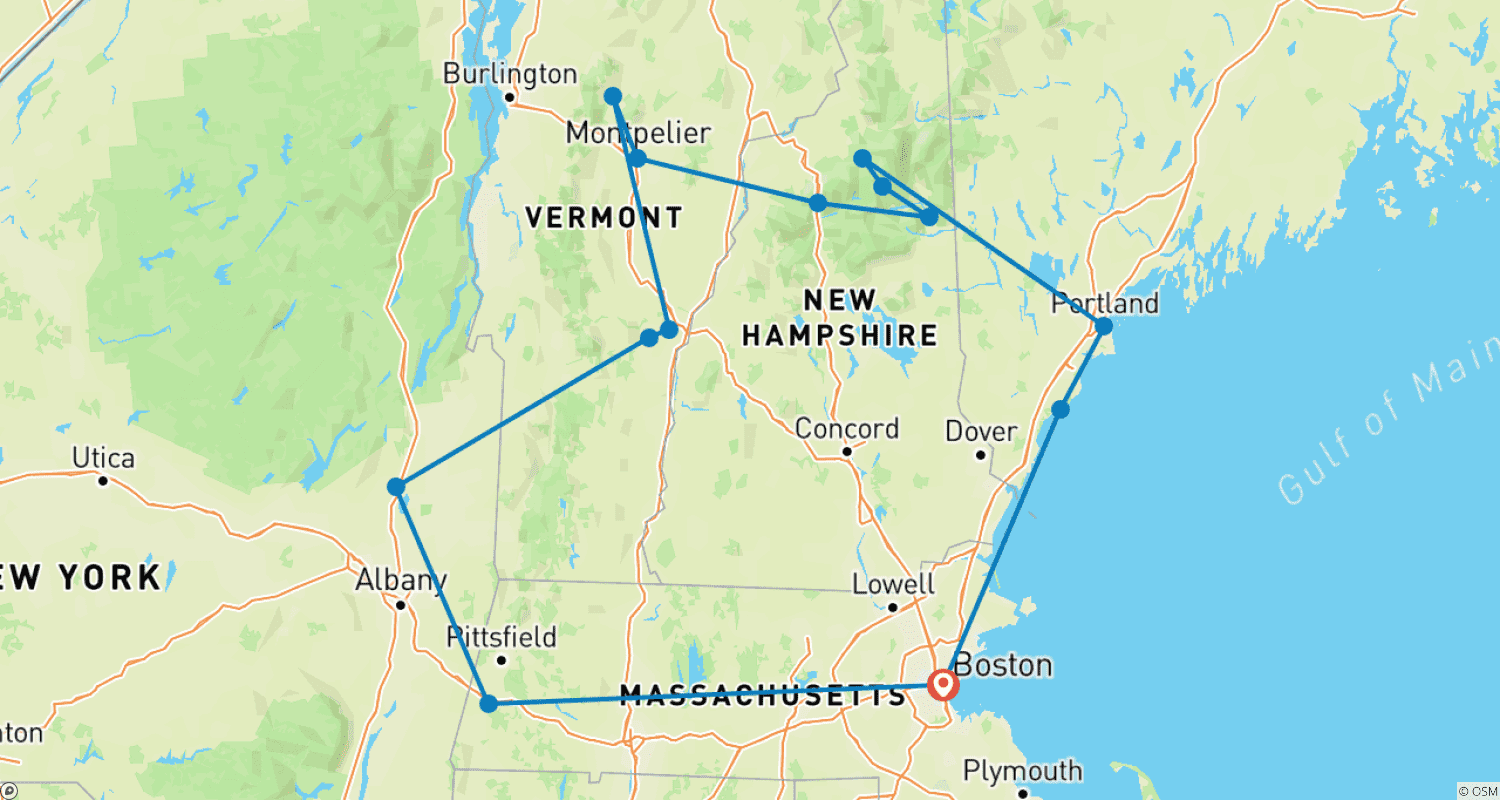 Mapa do percurso de Folhagem de Outono na Nova Inglaterra (Clássico, 8 Dias, Aeroporto de Boston e Transfer de Hotel Pós-Viagem)