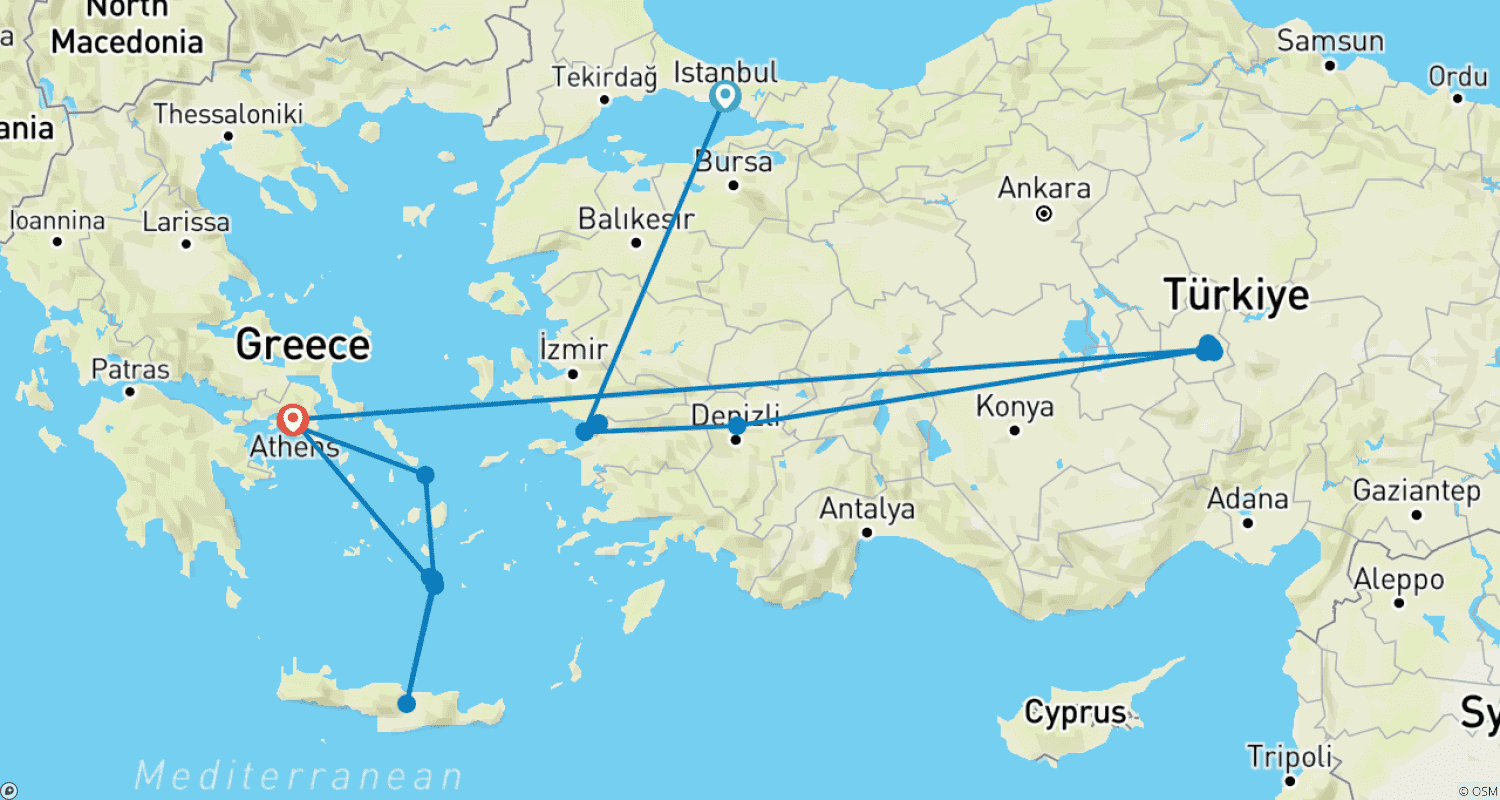 Mapa do percurso de Passeio Luxuoso de 15 Dias: Maravilhas da Turquia e Grécia