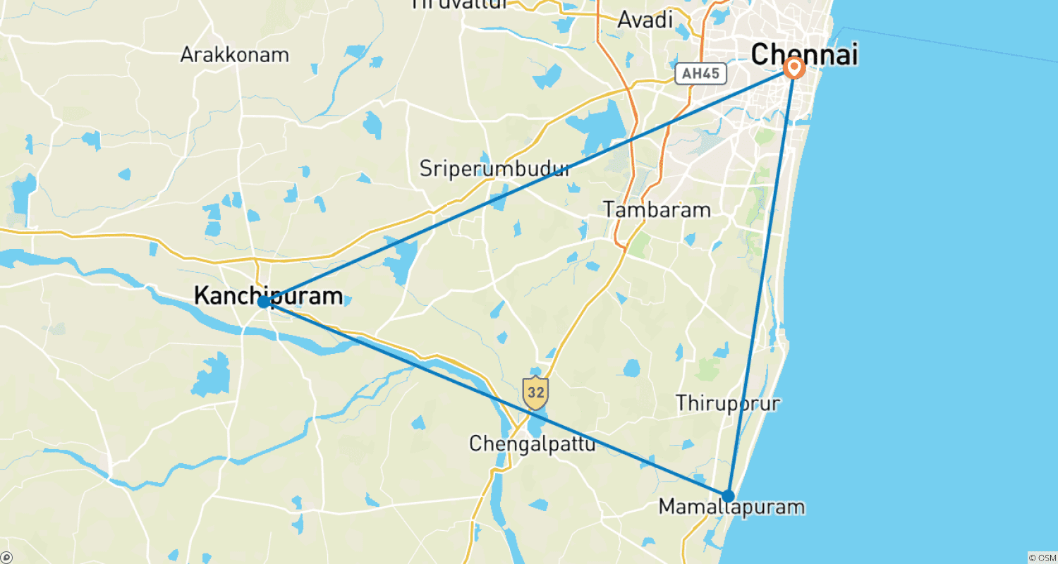 خريطة مسار جولة Chennai-Kanchipuram-Mahabalipuram