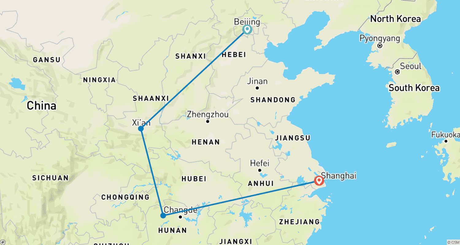 11日間 中国の自然の驚異 グループツアーのルートマップ