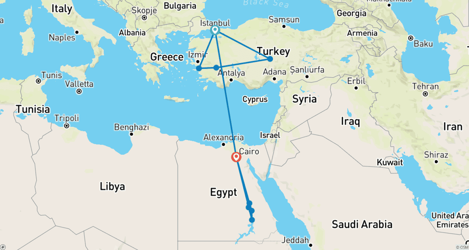 16日間 トルコとエジプトの旅のルートマップ