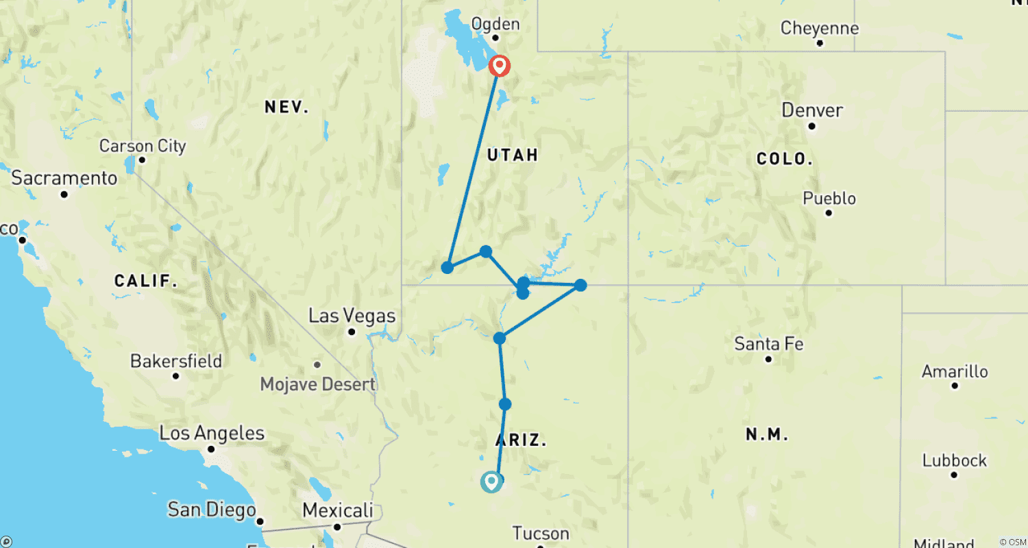 Mapa do percurso de Canyonlands Encantadoras (Pequenos Grupos, 7 Dias, Transfer do Aeroporto de Salt Lake City e para o Hotel)