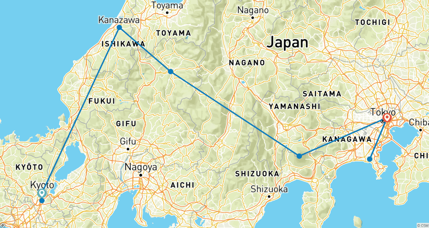 Mapa trasy: Złota Trasa Japonii autobusem