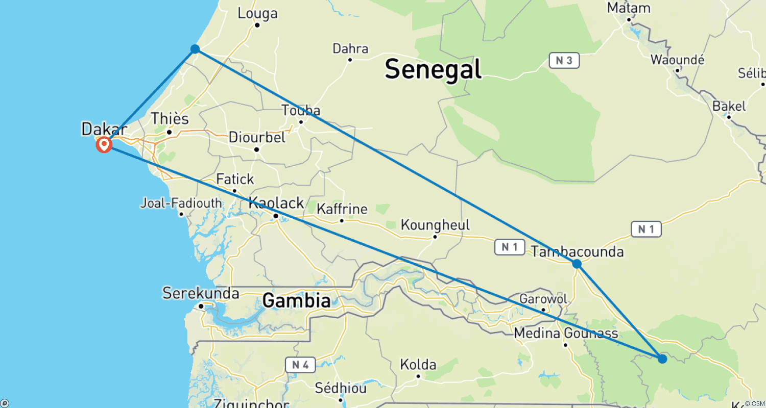 Mapa trasy: Najważniejsze atrakcje Senegalu 5 dni-4 noce