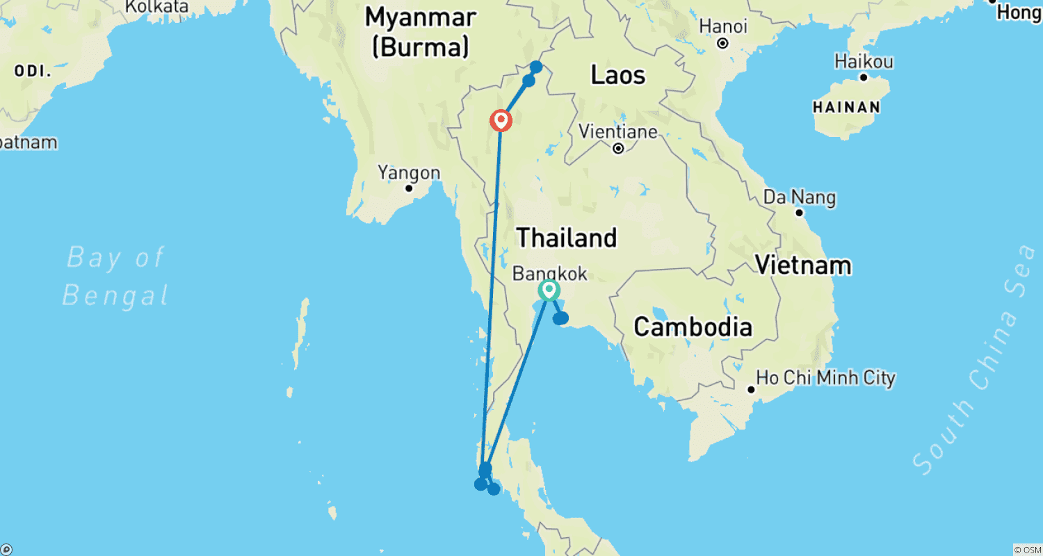 Mapa do percurso de 11 Dias na Tailândia Clássica: Bangkok, Pattaya, Phuket e Chiang Mai