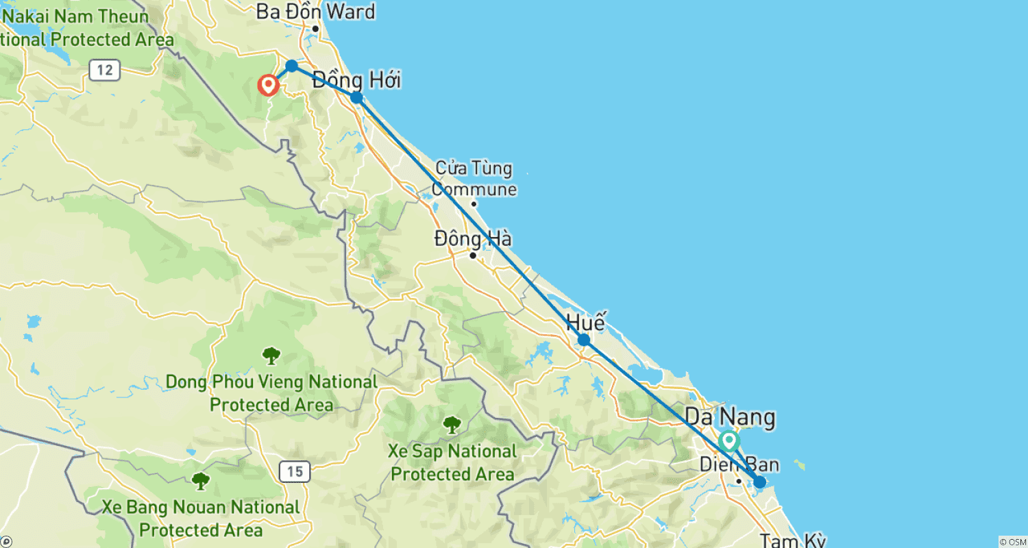 Mapa do percurso de Tour de Descoberta do Vietnã Central 2026: 7 Dias de Da Nang a Hue & Hoi An