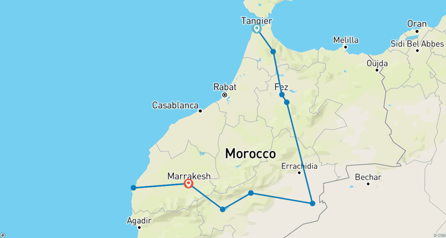 Mapa do percurso de Tesouros de Marrocos: De Chefchaouen a Marraquexe - 13 Dias