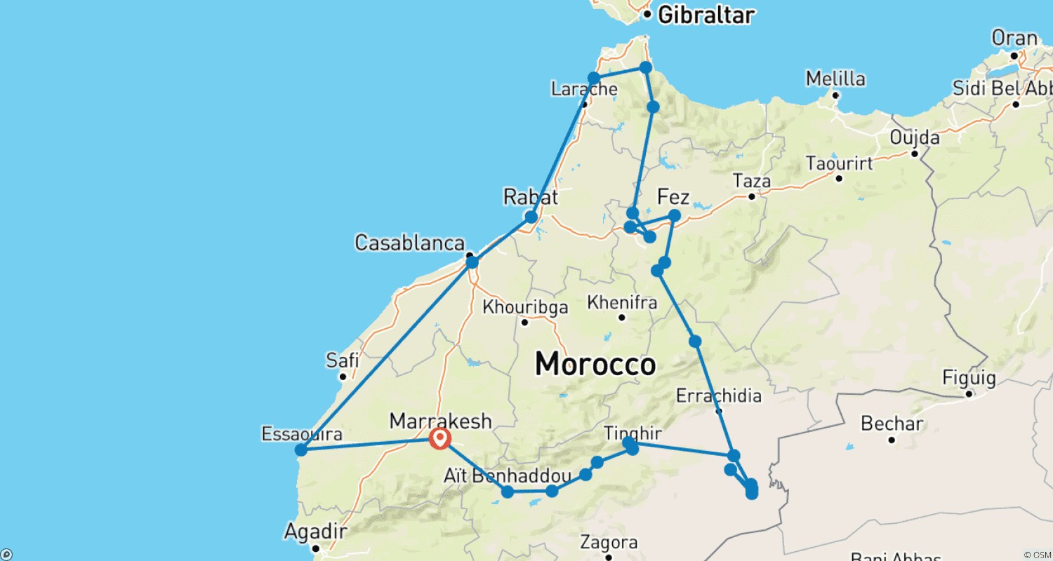 Mapa do percurso de 13 Dias - Cores de Marrocos