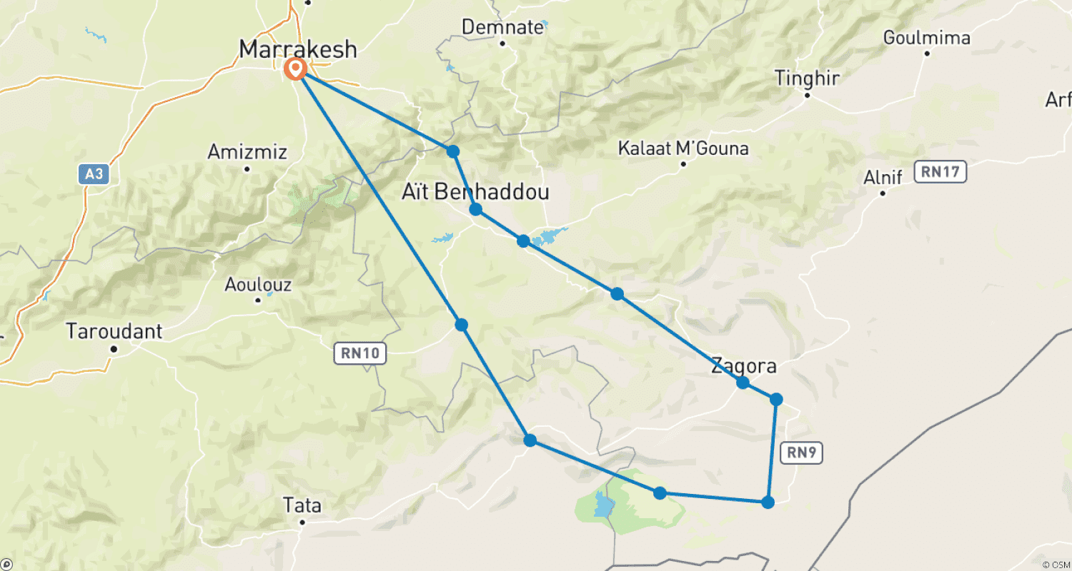 Mapa trasy: 4-dniowa prywatna wycieczka po pustyni z Marrakeszu do luksusowego obozu na pustyni Erg Chigaga