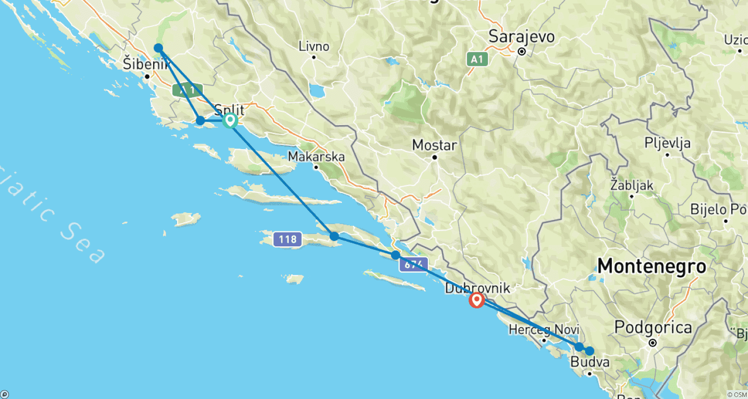 Mapa do percurso de Croácia e a Costa da Dalmácia