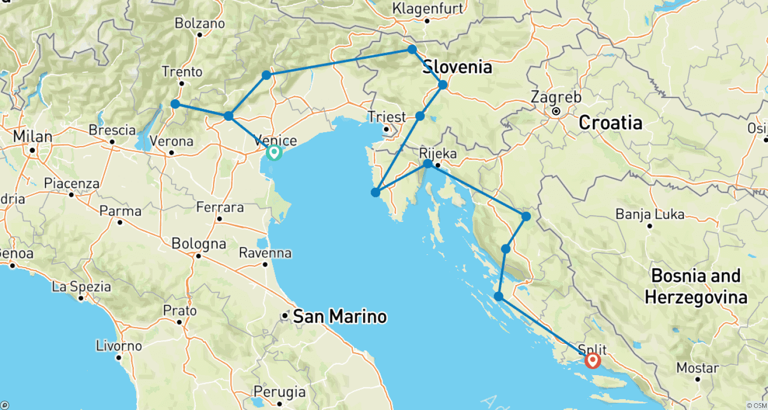 Mapa do percurso de Descoberta Adriática: Norte da Itália, Eslovênia e Croácia