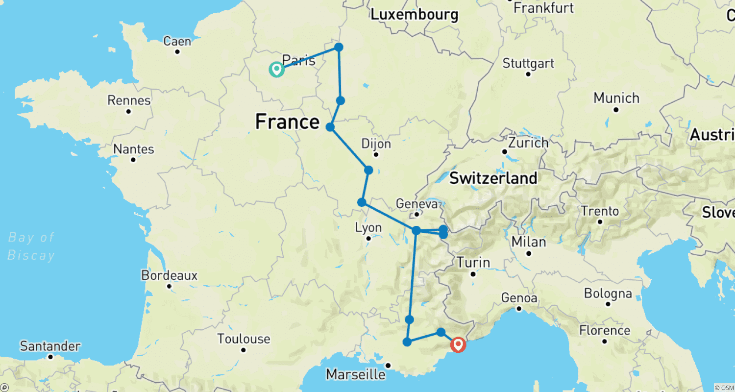 Mapa trasy: Paris to Nice through Vineyards and Mountains