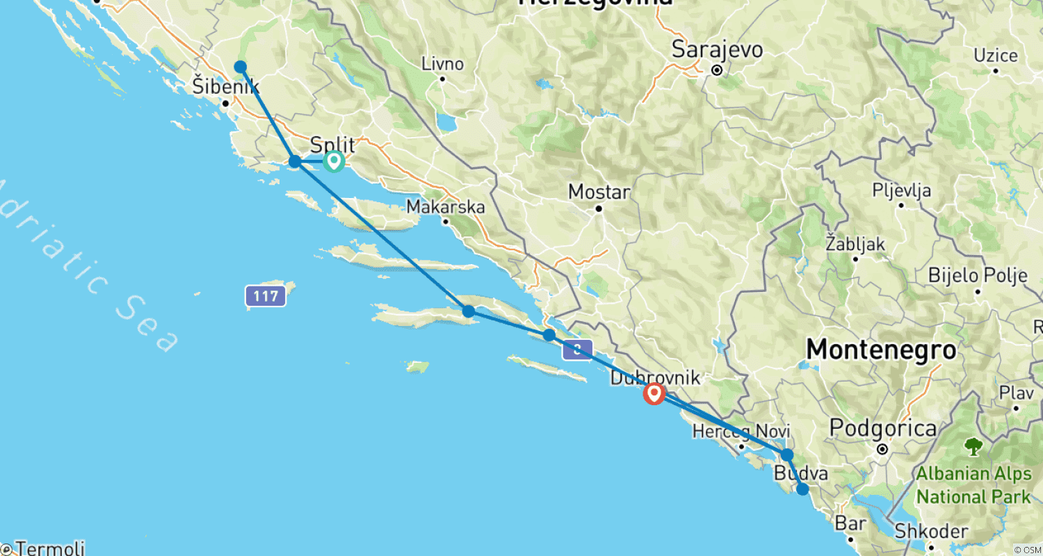 Mapa do percurso de Croácia e a Costa da Dalmácia