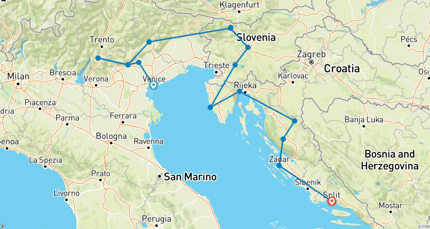 Mapa do percurso de Adriatic Discovery: Northern Italy, Slovenia and Croatia