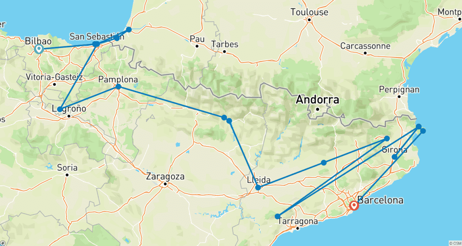 北スペインのハイライトのルートマップ