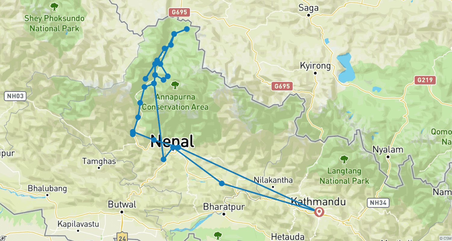 خريطة مسار رحلة Upper Mustang بالدراجة النارية