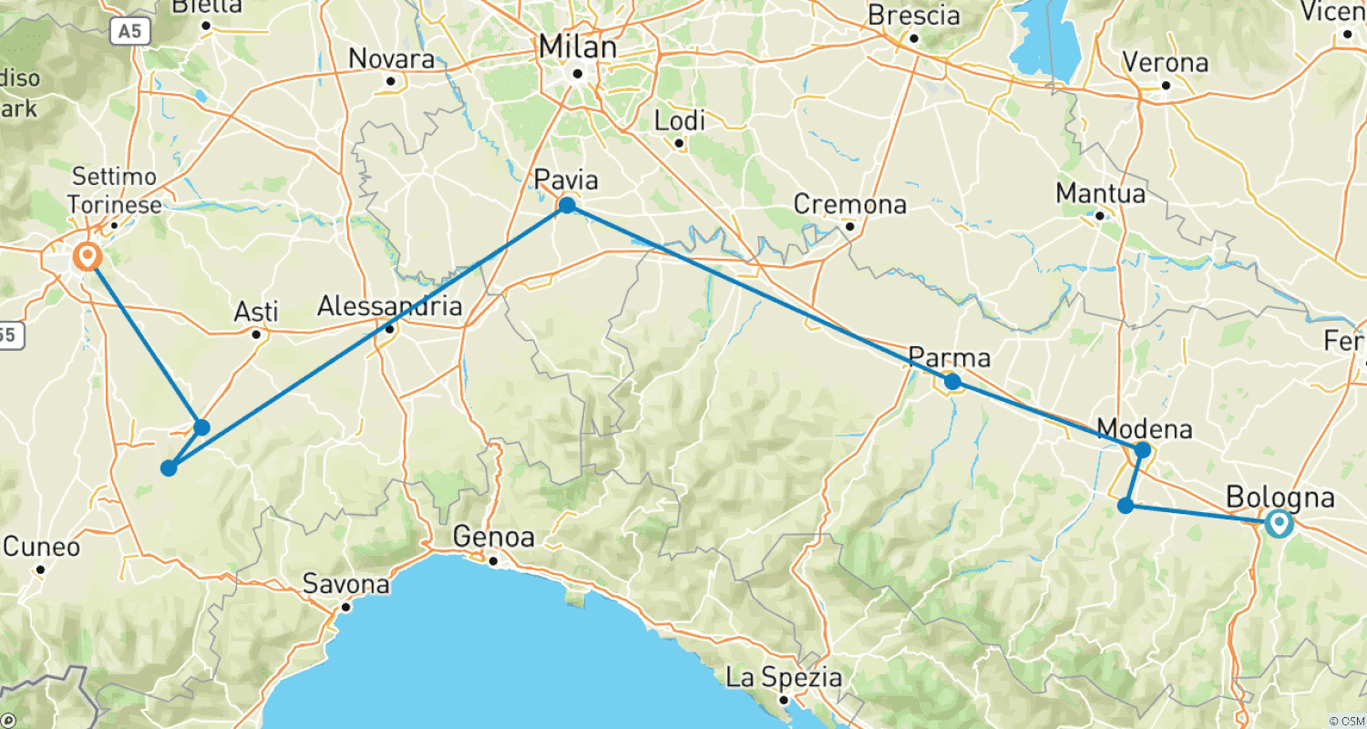 Mapa do percurso de Do Vale dos Motores ao Piemonte: Uma Jornada pelas Excelências Italianas