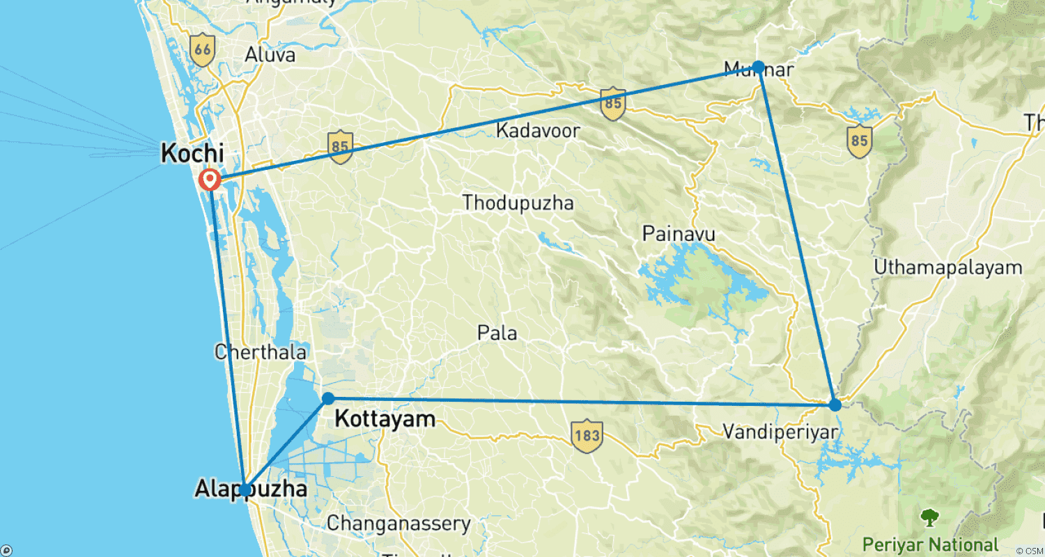 Mapa trasy: Luksusowy pakiet wycieczkowy po Kerali – Prywatne 9 dni na rozlewiskach, w domkach na wodzie, na wzgórzach Munnar, z ajurwedyjskim spa i plażami