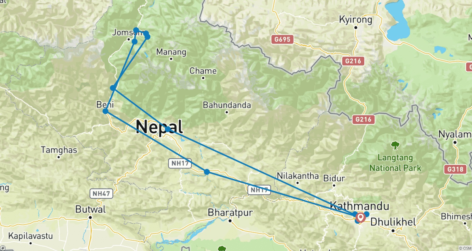 Kathmandu, Pokhara and Muktinathのルートマップ