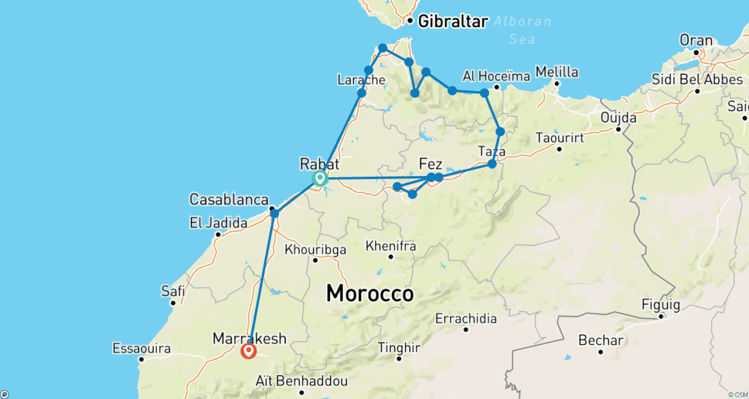 Mapa trasy: Maroko Śródziemnomorskie: Miasta Cesarskie, Al Hoceima i Tanger - 15 dni