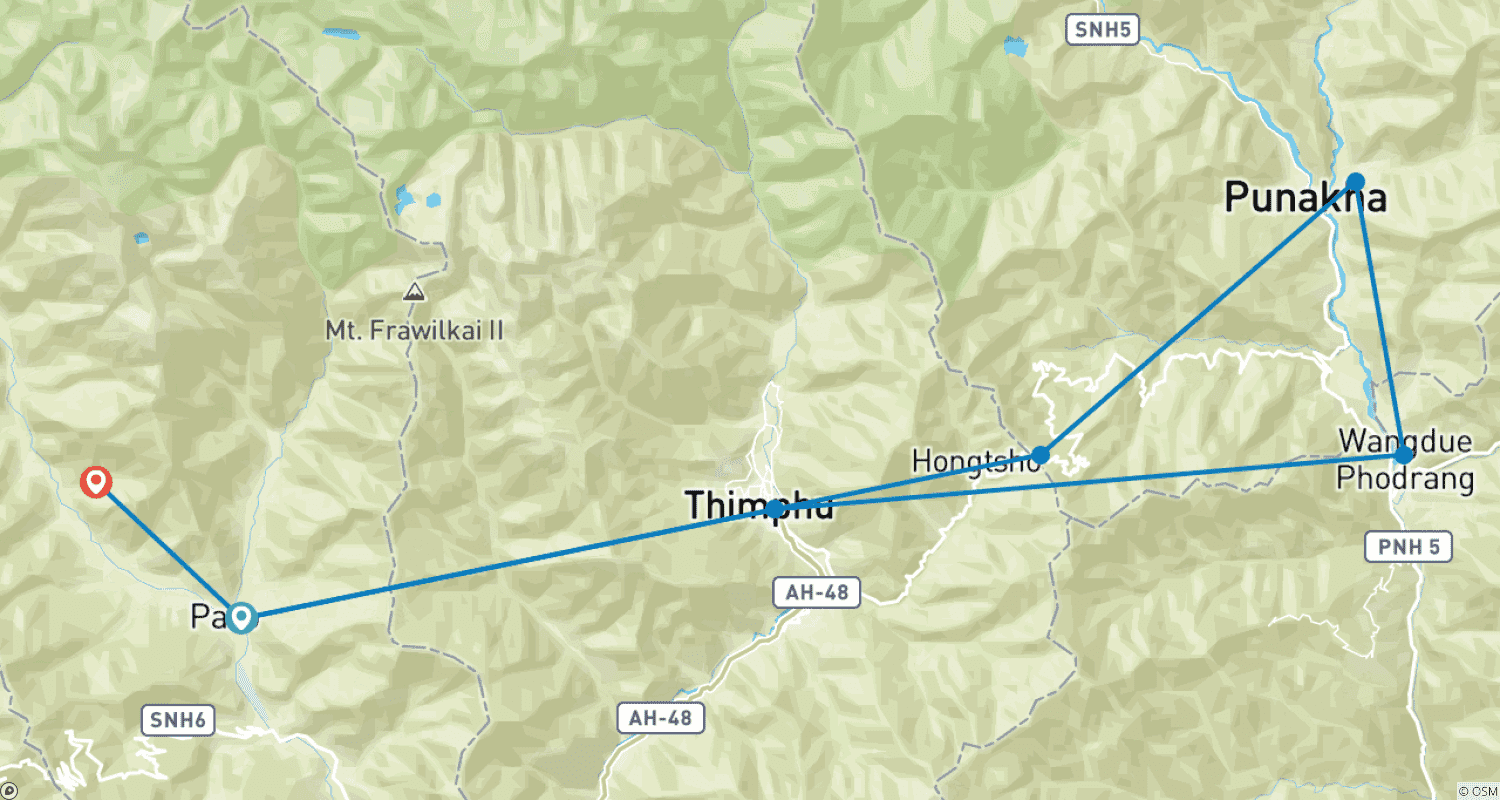 Mapa do percurso de Tour no Butão