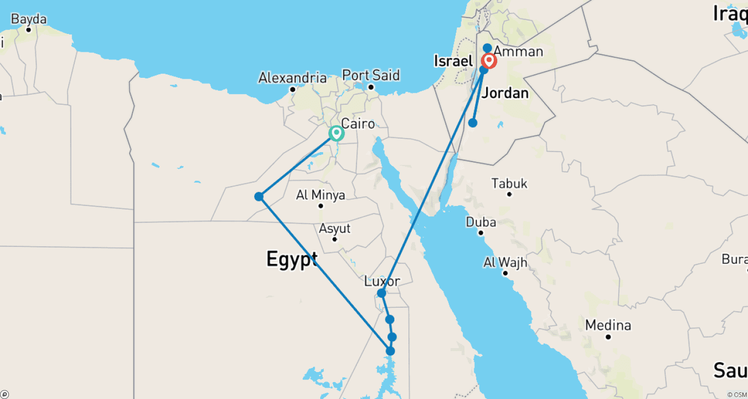 Mapa trasy: Egipt do Petry: 14-dniowa wycieczka z GEM, rejs po Nilu, Białą Pustynią i Jordanią (lot krajowy i loty międzynarodowe z Egiptu do Jordanii)