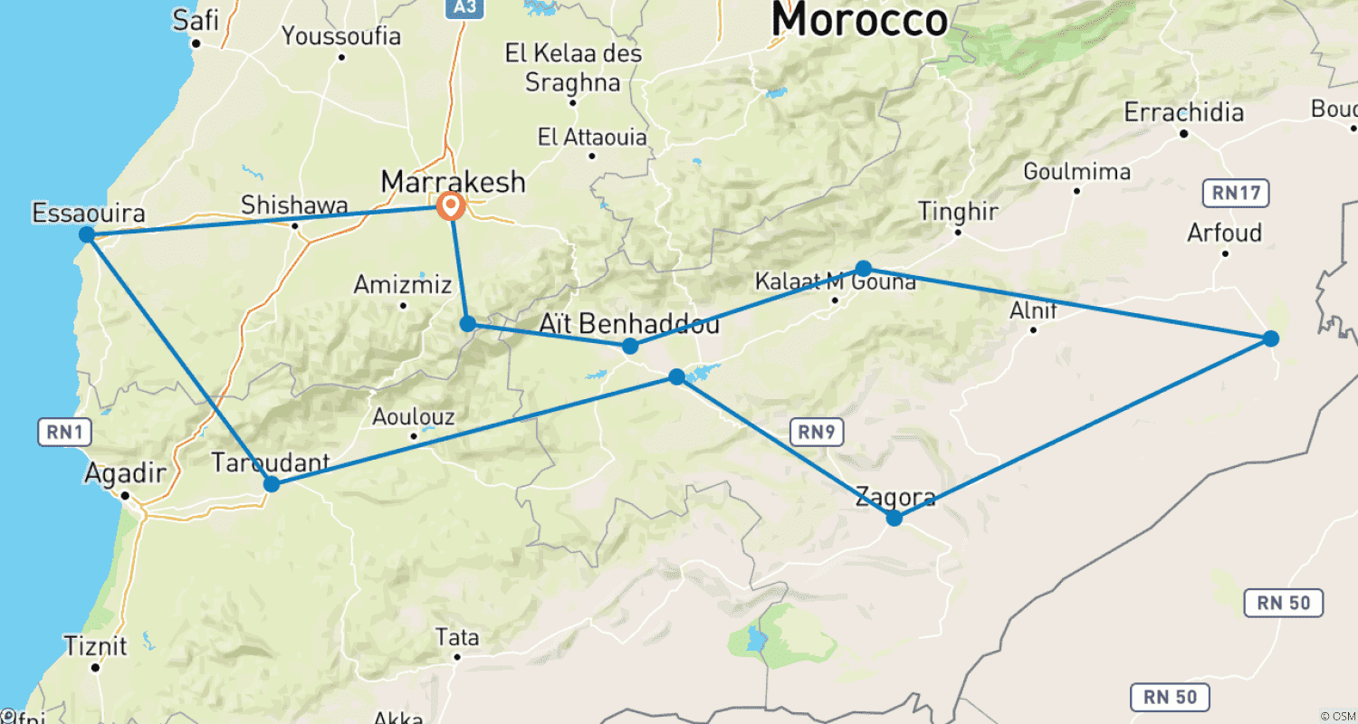خريطة مسار مغامرة جنوب المغرب - 15 يومًا