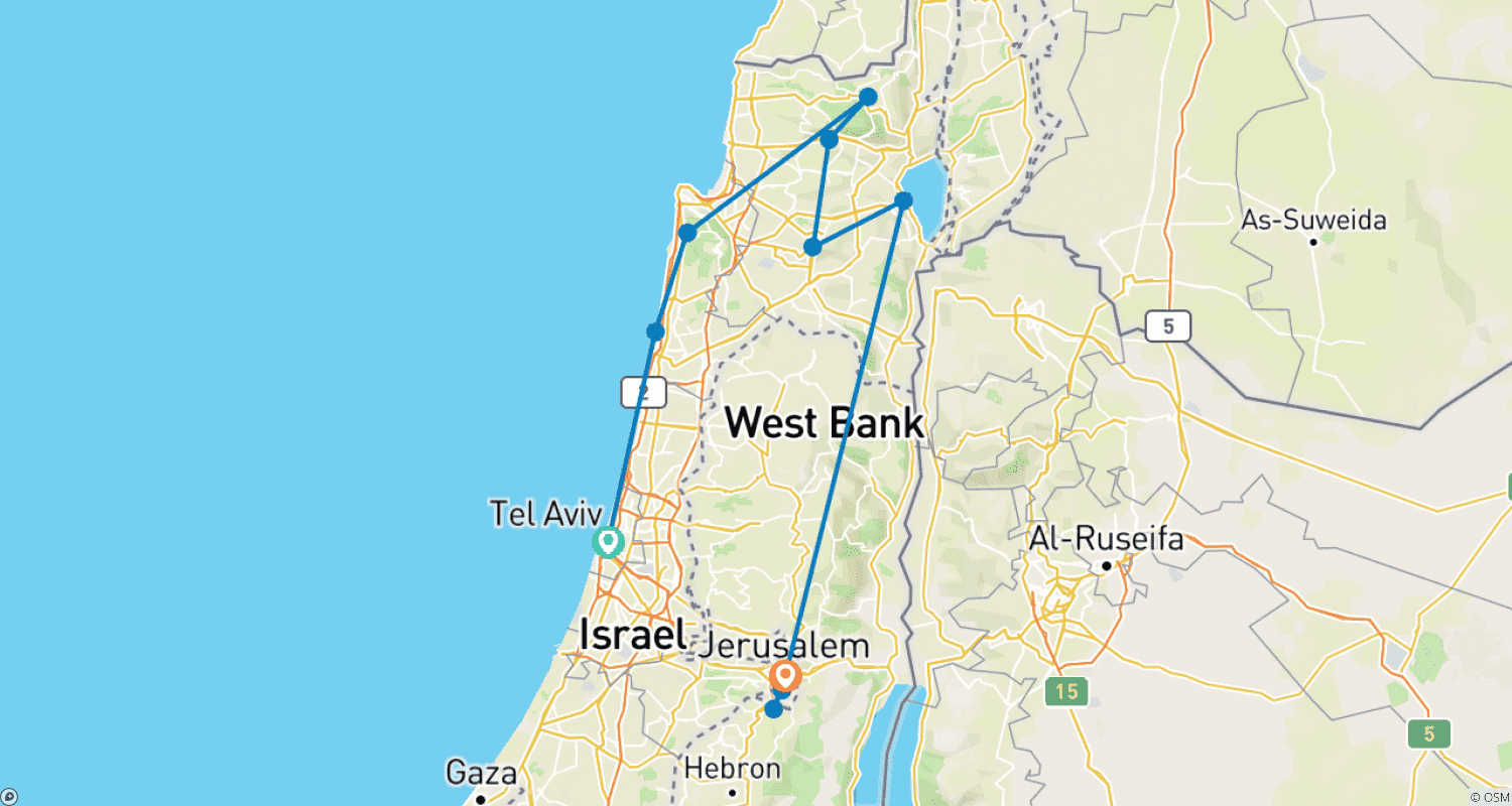 イスラエルとヨルダン - 聖地巡礼ツアー - 8日間のルートマップ