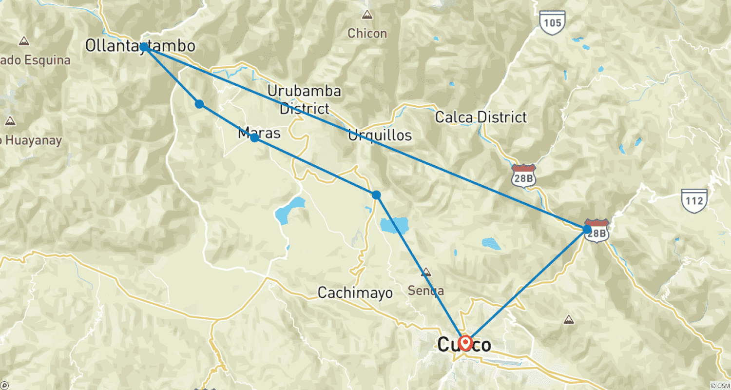 Mapa do percurso de Super Tour Privado e Flexível pelo Vale Sagrado: Chinchero, Salinas, Moray, Ollantaytambo, Mercado e Ruínas de Pisac