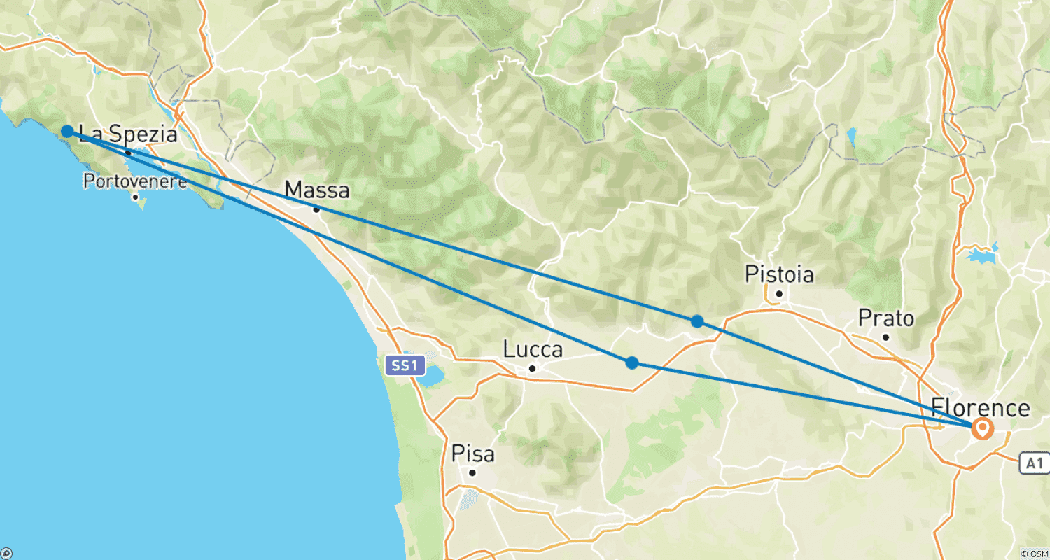 Mapa do percurso de Alma da Toscana e Cinque Terre | Tour Independente Premium incluindo excursões em pequenos grupos | 8 dias/7 noites