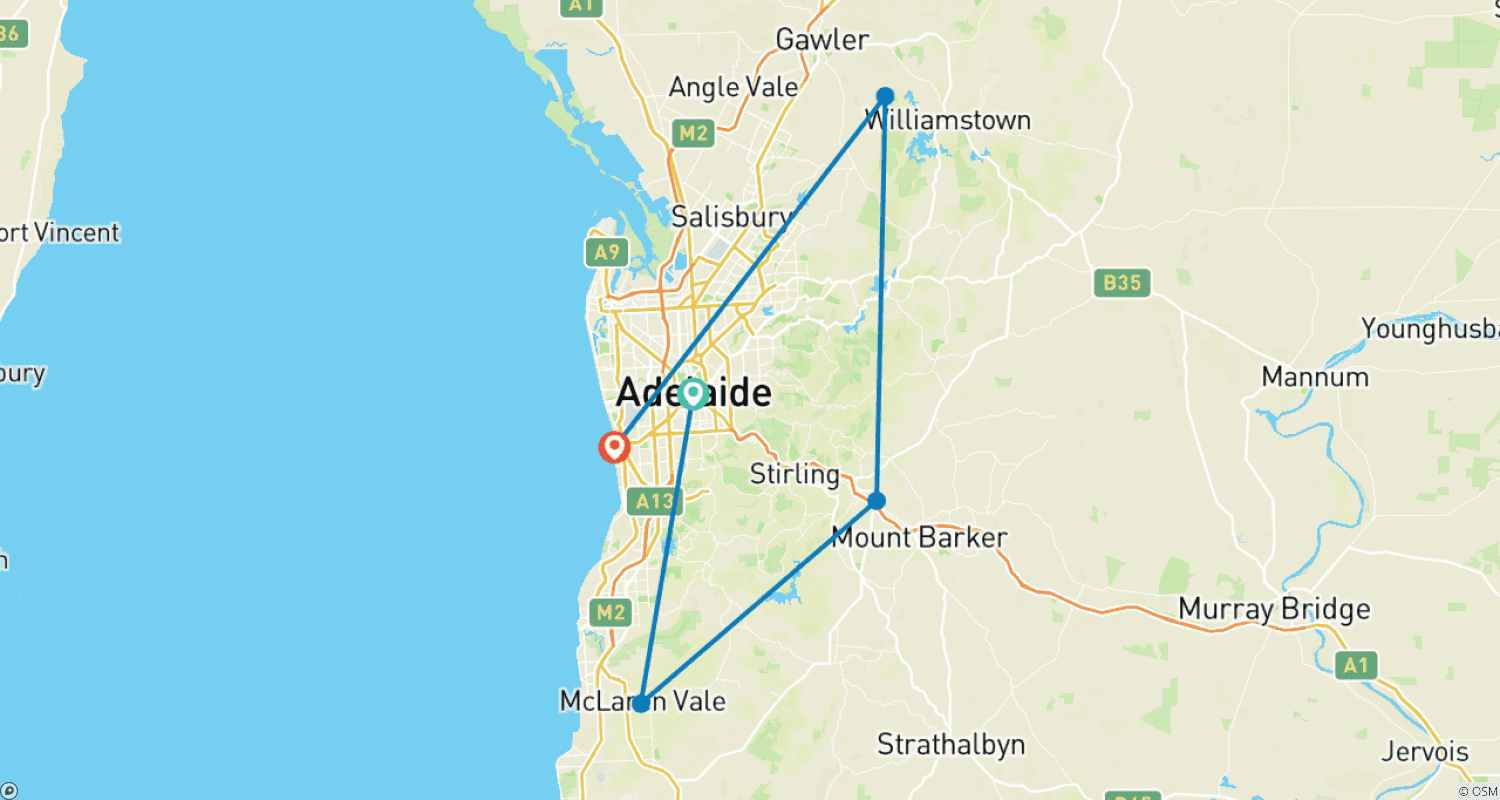 Mapa do percurso de Tour de E-Bike de 7 Dias de Comida e Vinho na Austrália do Sul