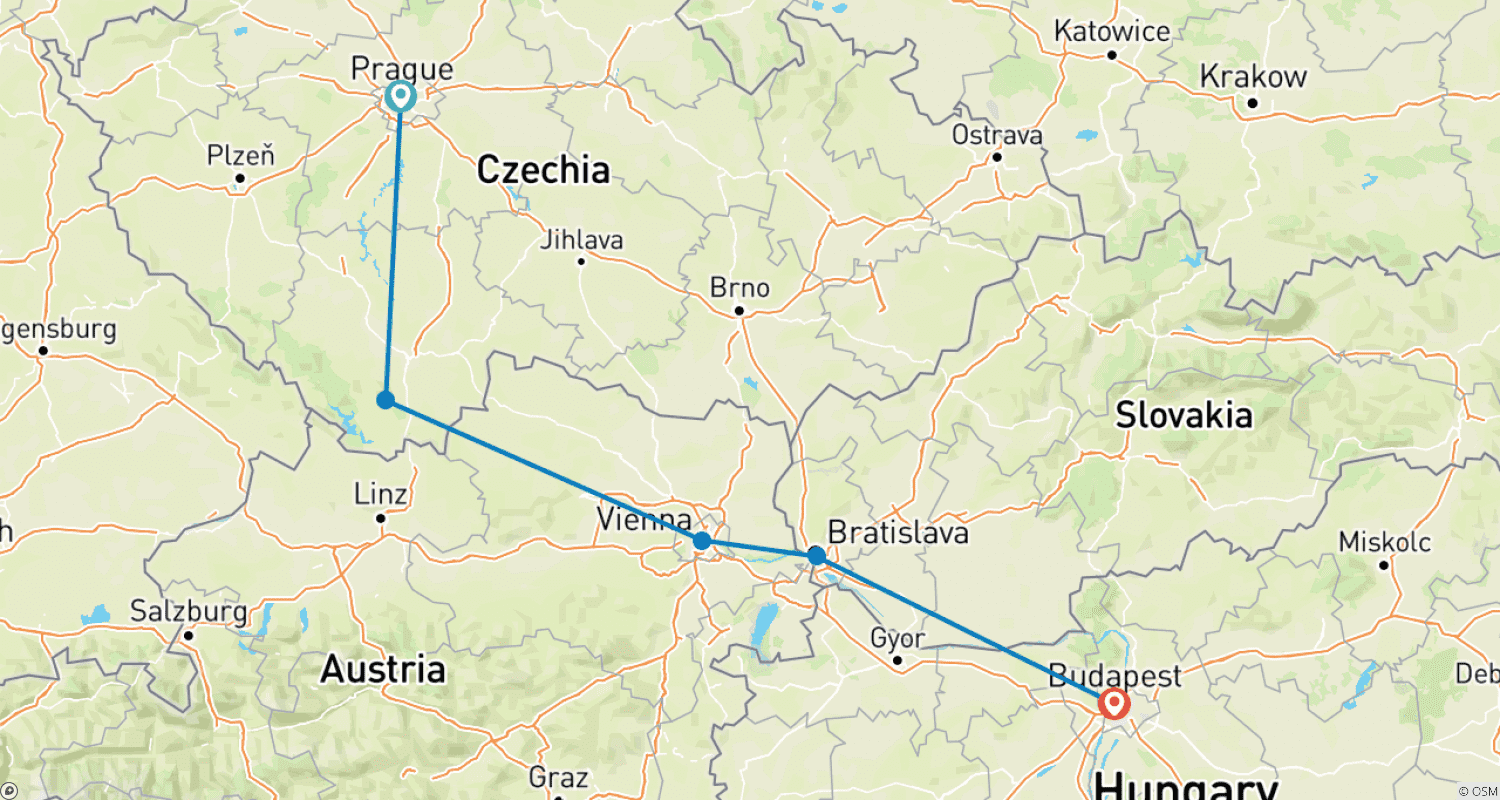 Mapa do percurso de Tour Privado: 4 Países em Uma Semana: Praga - Viena - Bratislava - Budapeste
