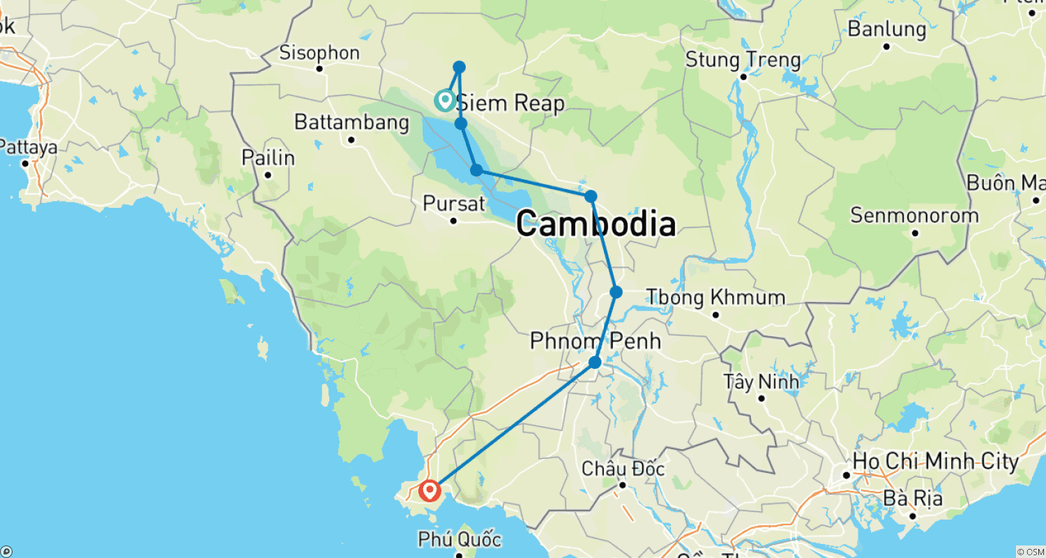 Mapa trasy: Kambodża: 9-dniowa wycieczka z Siem Reap do Phnom Penh i Sihanoukville