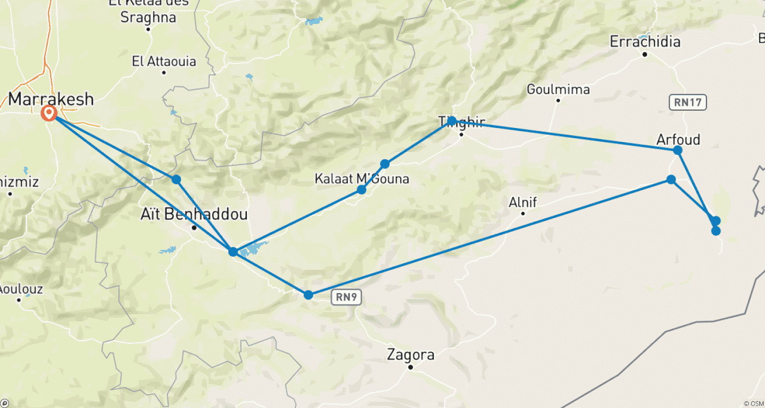 Mapa do percurso de Passeios no Deserto: Excursão de 5 dias e 4 noites no deserto a partir de Marraquexe