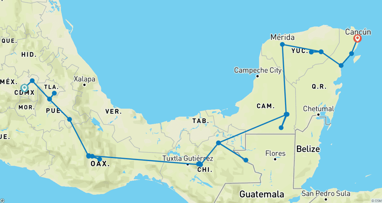 Mapa do percurso de Caminhada Pelos Caminhos dos Astecas e Maias