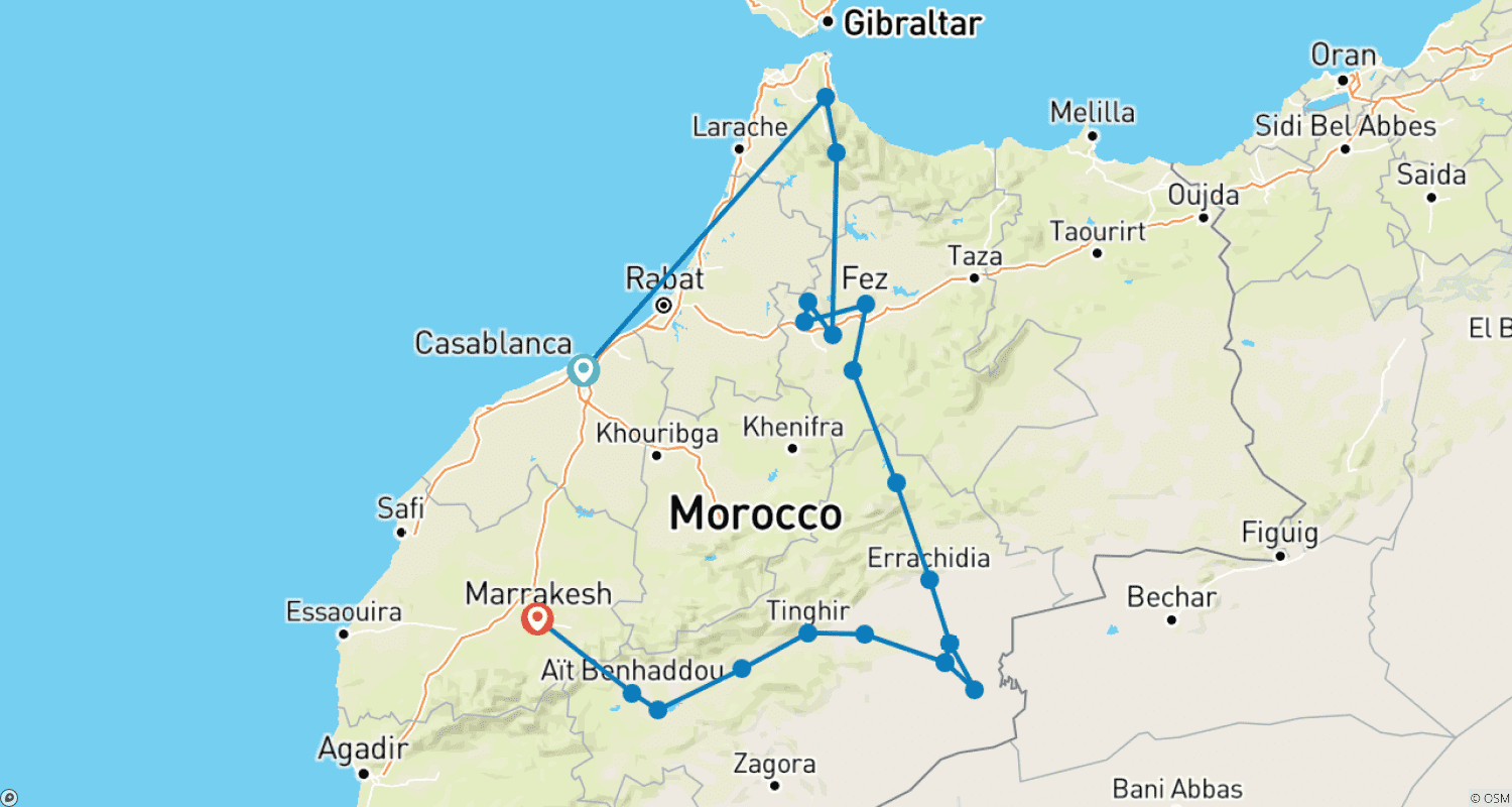 Mapa do percurso de Passeios em Marrocos: Excursão de 8 Dias a partir de Casablanca