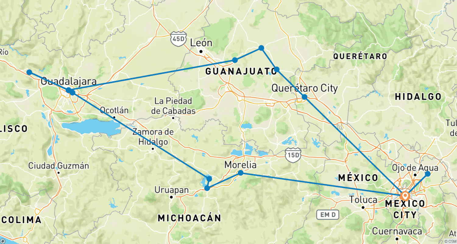 Mapa do percurso de México Colonial Deluxe