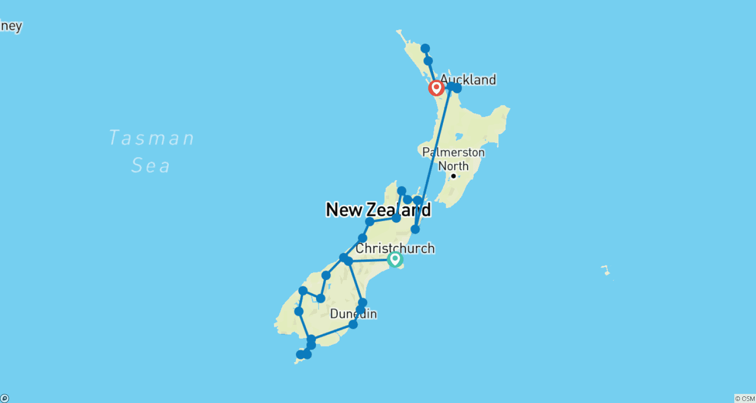 Mapa do percurso de Natural Wonders of New Zealand from Christchurch to Auckland
