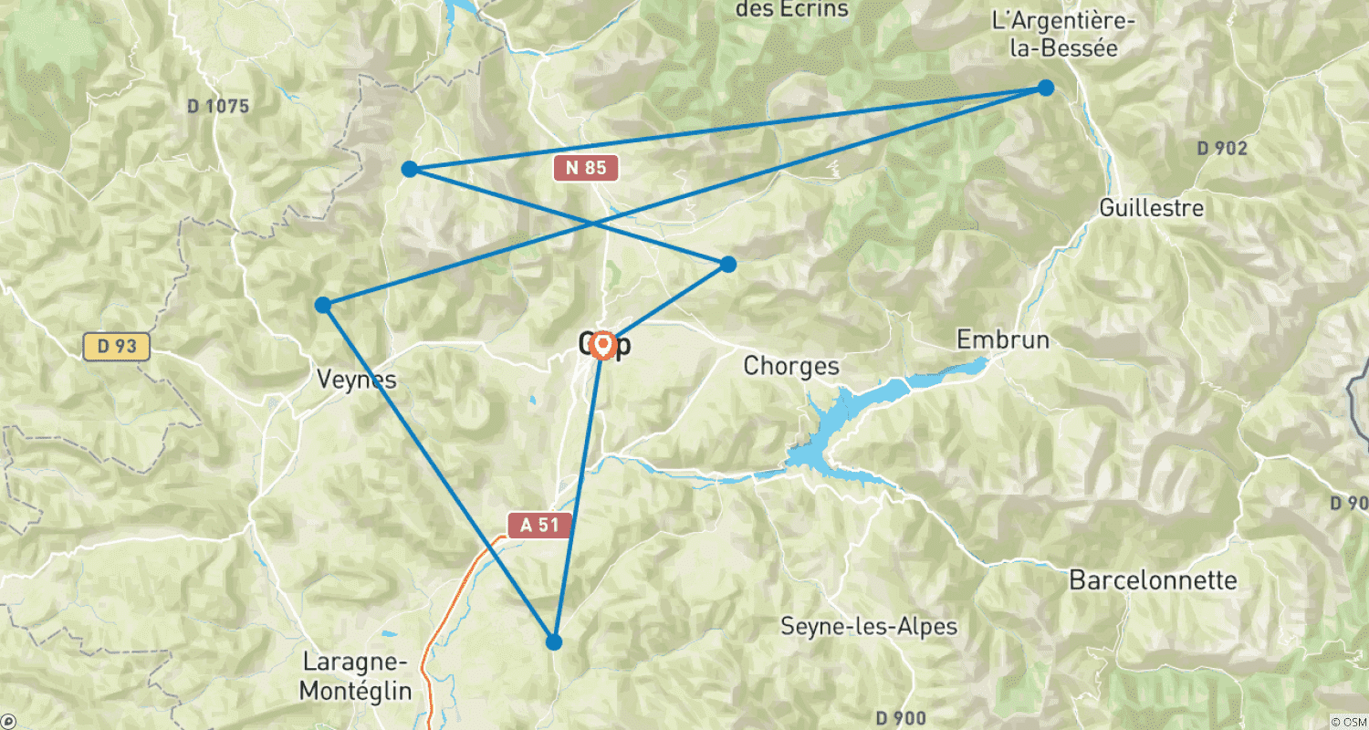 Mapa do percurso de Escapada Curta de Via Ferrata nos Alpes Franceses