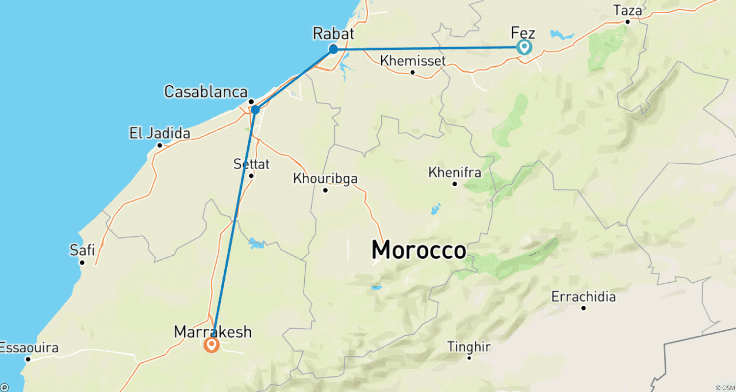 Mapa do percurso de Cidades Marroquinas: Casablanca, Fes, Rabat e Marrakech - 5 Dias