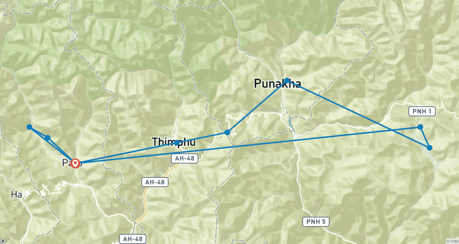 Mapa trasy: 7 nocy 8 dni Wycieczka po Zachodnim Bhutanie 2024-2026