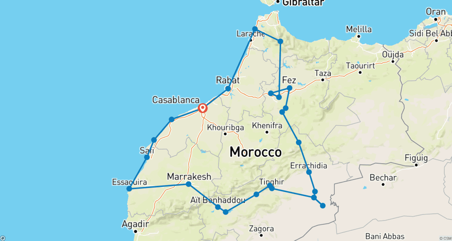 Mapa do percurso de 12-Day Morocco Cultural Experience from Casablanca