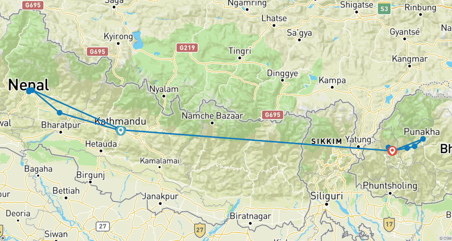 Mapa do percurso de 9 noites 10 dias Nepal - Butão Tour Privado 2026-2028