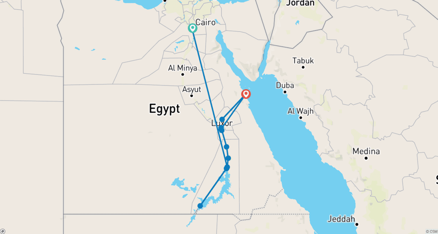 خريطة مسار جولة مصر لمدة 10 أيام (الأهرامات وGEM _ رحلة نيلية _ الغردقة البحر الأحمر)